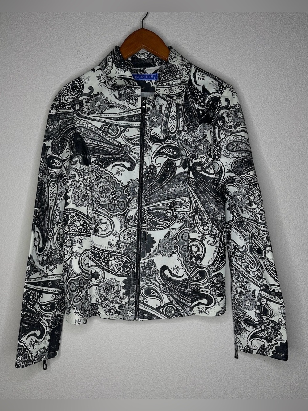 BLU ICE Miami Genuine Leather Black White Paisley Women Moto Biker Jacket S
